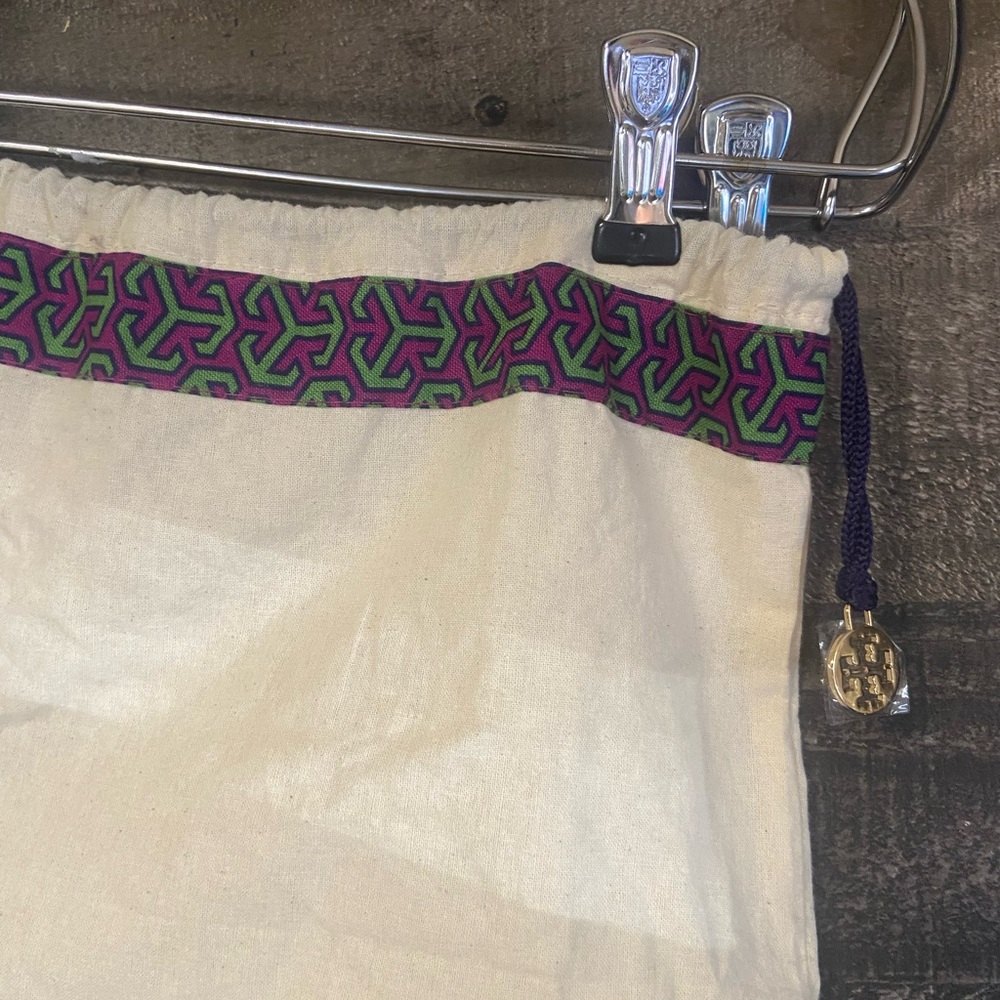 Tory Burch Cream Drawstring Dust Bag with Purple and Green Trim - Picture 3 of 6